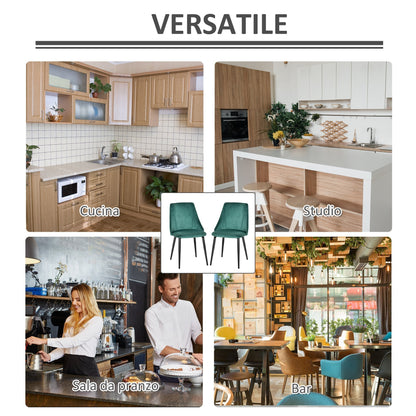 Set of 2 Modern Upholstered Dining Chairs with Upholstery and Backrest, Iron Legs for Kitchen, Living Room or Lounge in Modern Style, Green and Black, 50x56