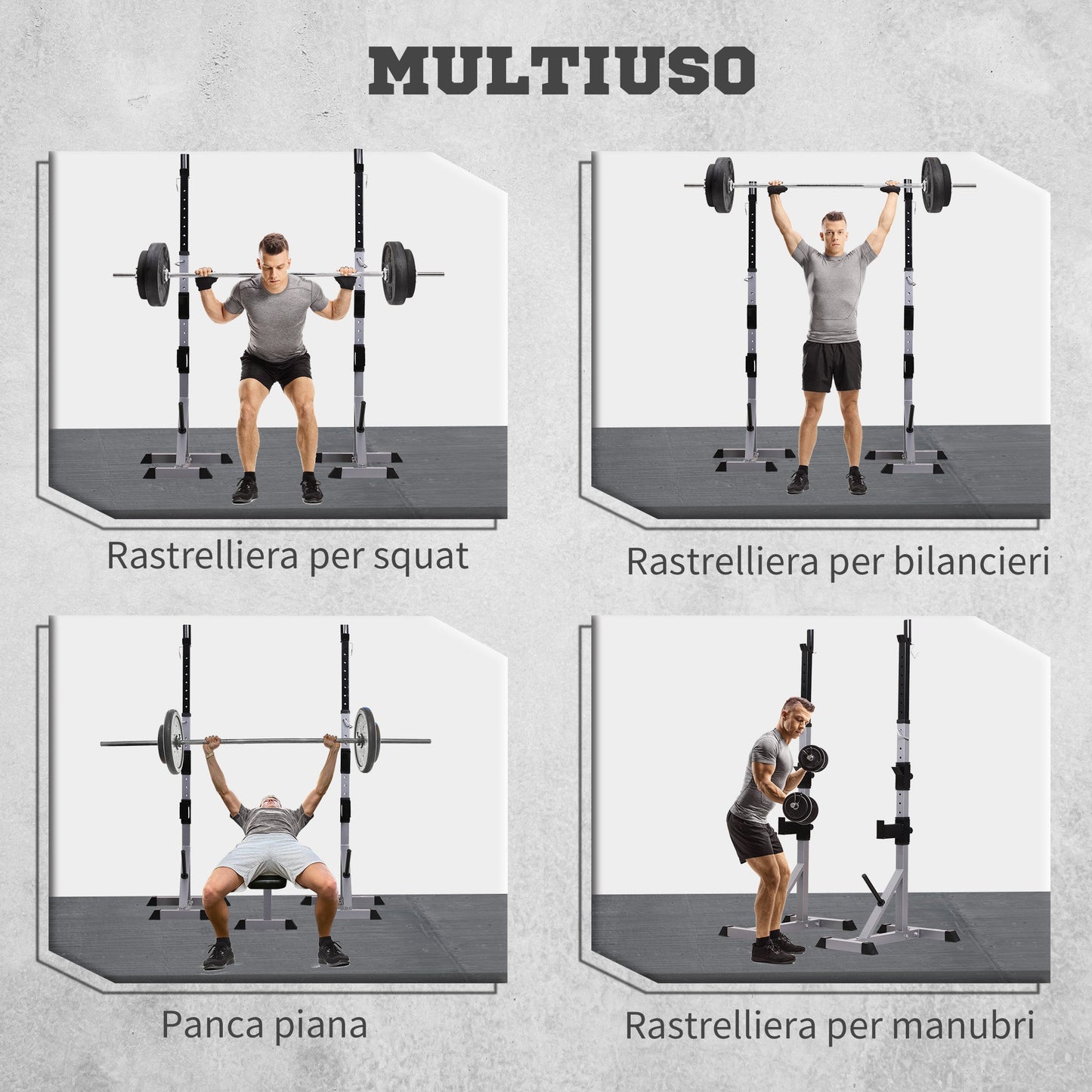 Set of 2 Steel Barbell Stands with 3 Hooks, Adjustable Height and 200kg Capacity, Silver and Black