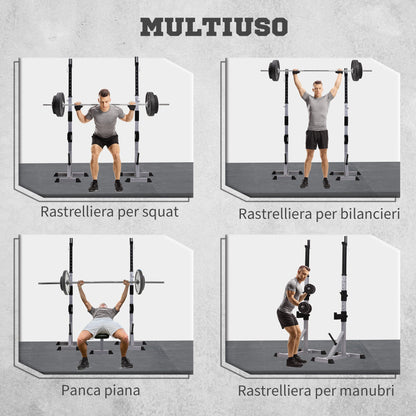 Set of 2 Steel Barbell Stands with 3 Hooks, Adjustable Height and 200kg Capacity, Silver and Black