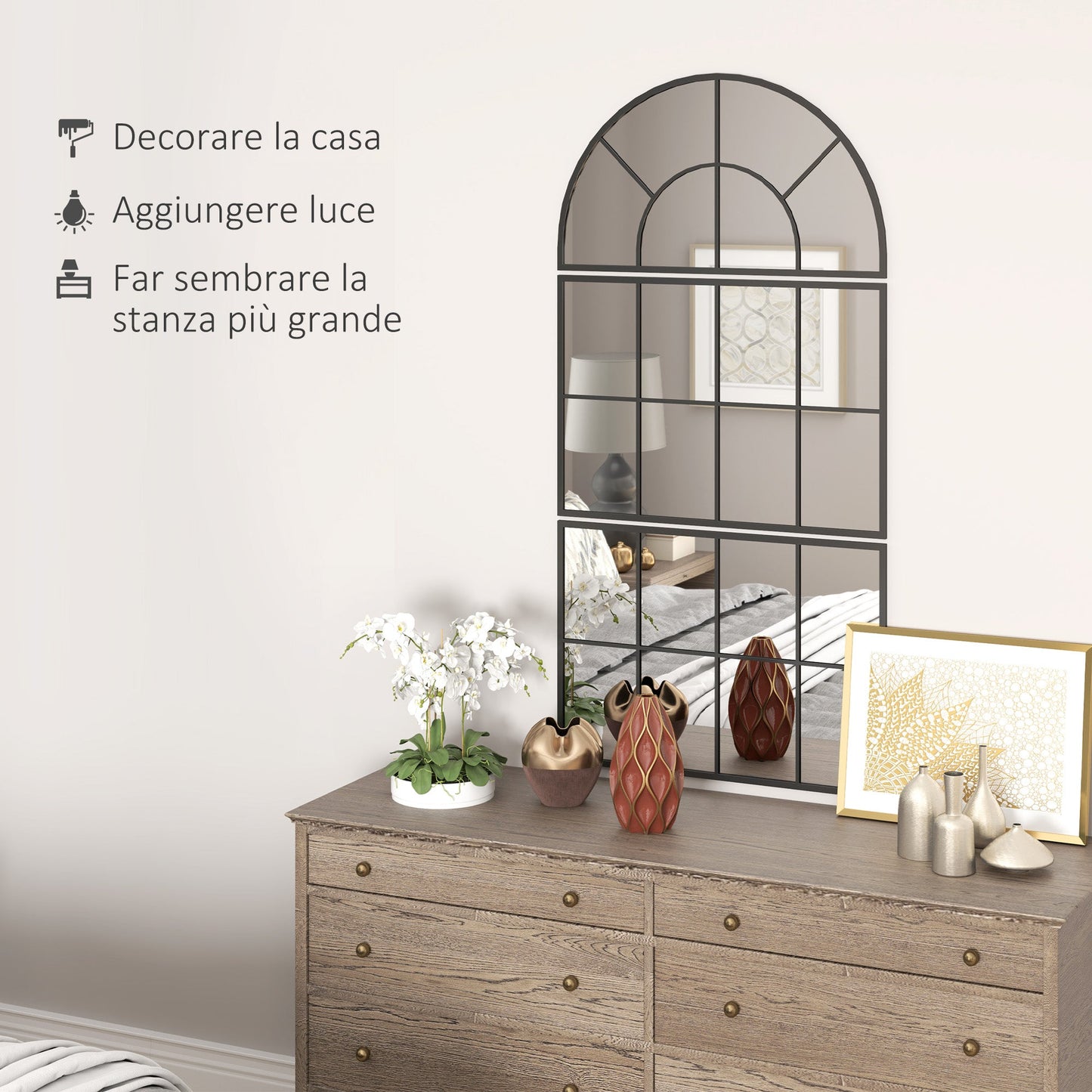 Arched Window Style Wall Mirror for Bedroom and Entrance, 76x43cm, Black