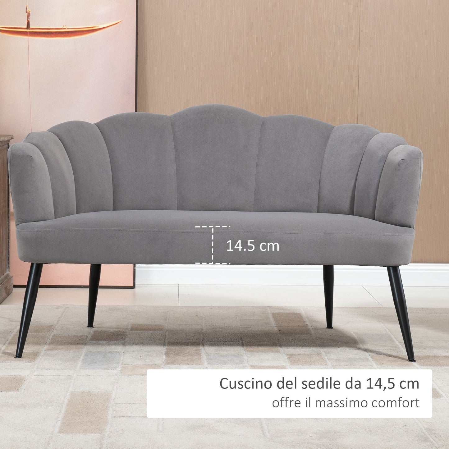 MADISON | 2 Seater Velvet Sofa with Metal Legs and Shell Backrest, 132x66x80cm, Grey
