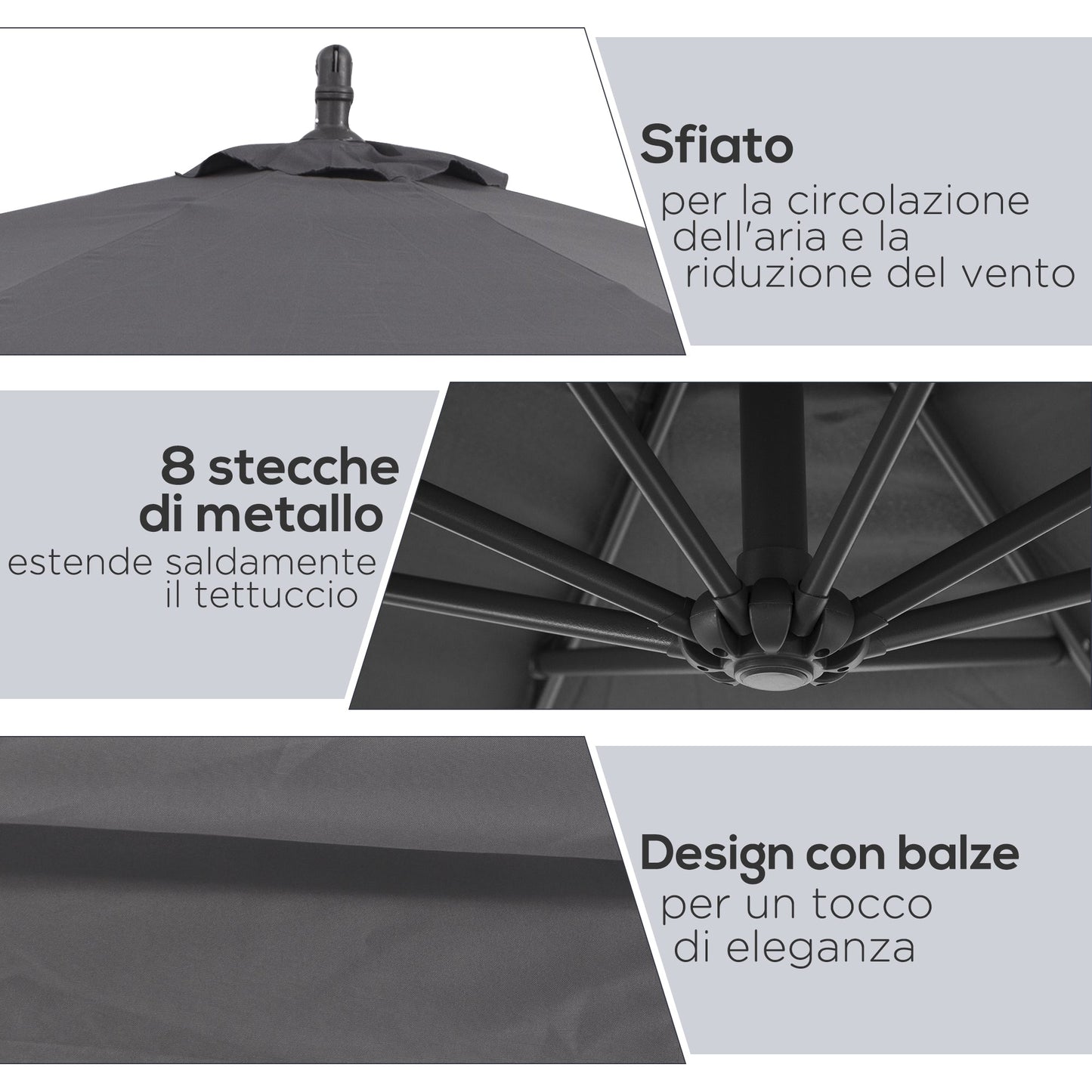 Garden Umbrella 3x2.5 m Arm and Tiltable with Crank, in Steel and Polyester Grey