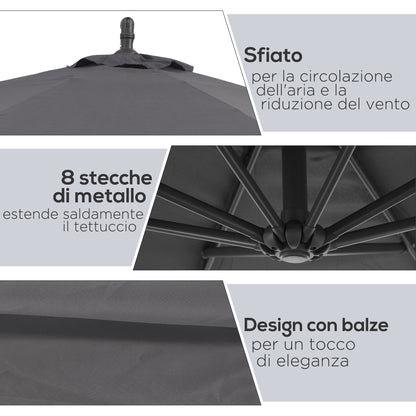 Garden Umbrella 3x2.5 m Arm and Tiltable with Crank, in Steel and Polyester Grey