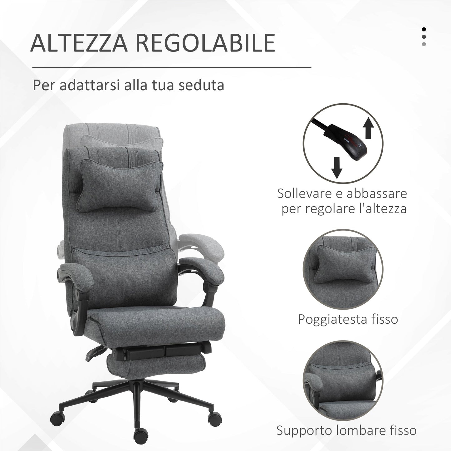 Ergonomic office chair with adjustable height with armrests and footrests, 66x70x115-123 cm, Grey