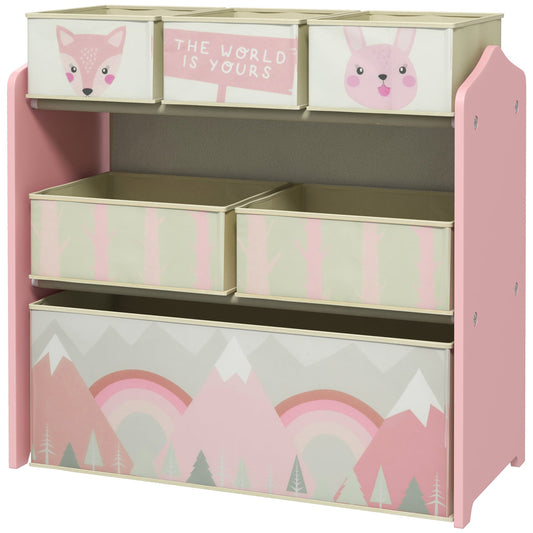 Children's Toy Storage Shelf with 6 Removable Fabric Bins, 63x30x66cm, Pink