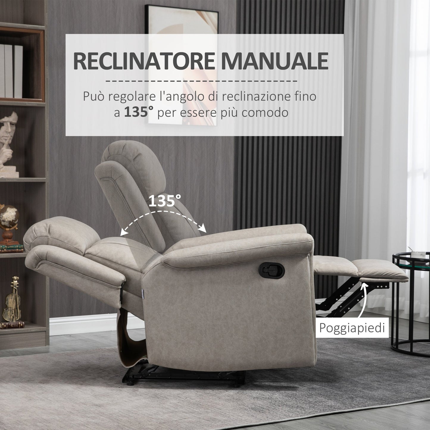 Manual Reclining Chair 135° with Footrest, Headrest and Padded Armrests, 78x96x102 cm, Grey