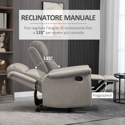 Manual Reclining Chair 135° with Footrest, Headrest and Padded Armrests, 78x96x102 cm, Grey