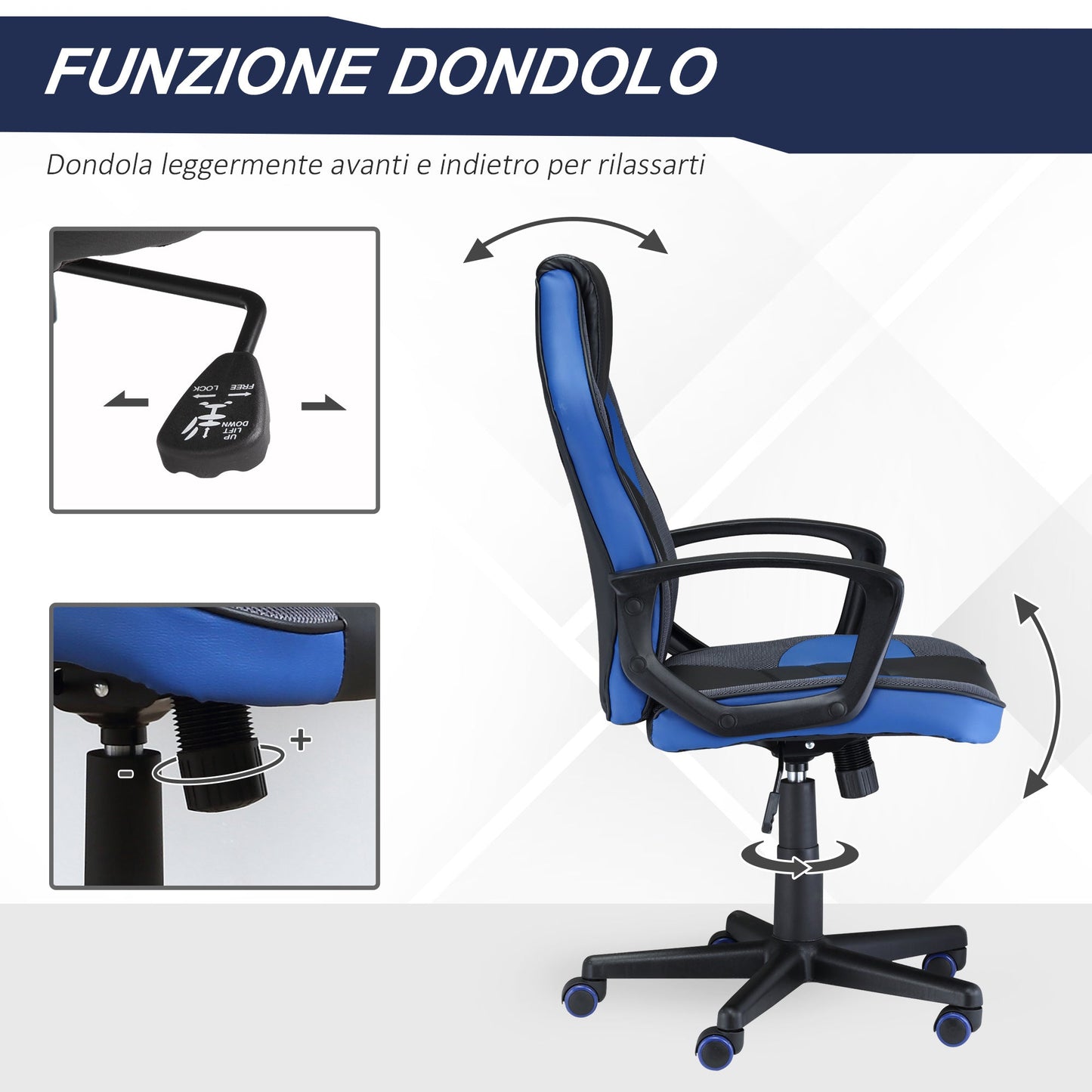 Ergonomic Gaming Chair, Swivel Office Chair with Wheels in Black and Blue PU Leather, Adjustable Height