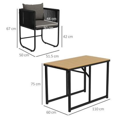 3-Piece Rattan Garden Set with 2 Chairs 50x51.5x67 cm and Table 110x60x75 cm in Composite Wood