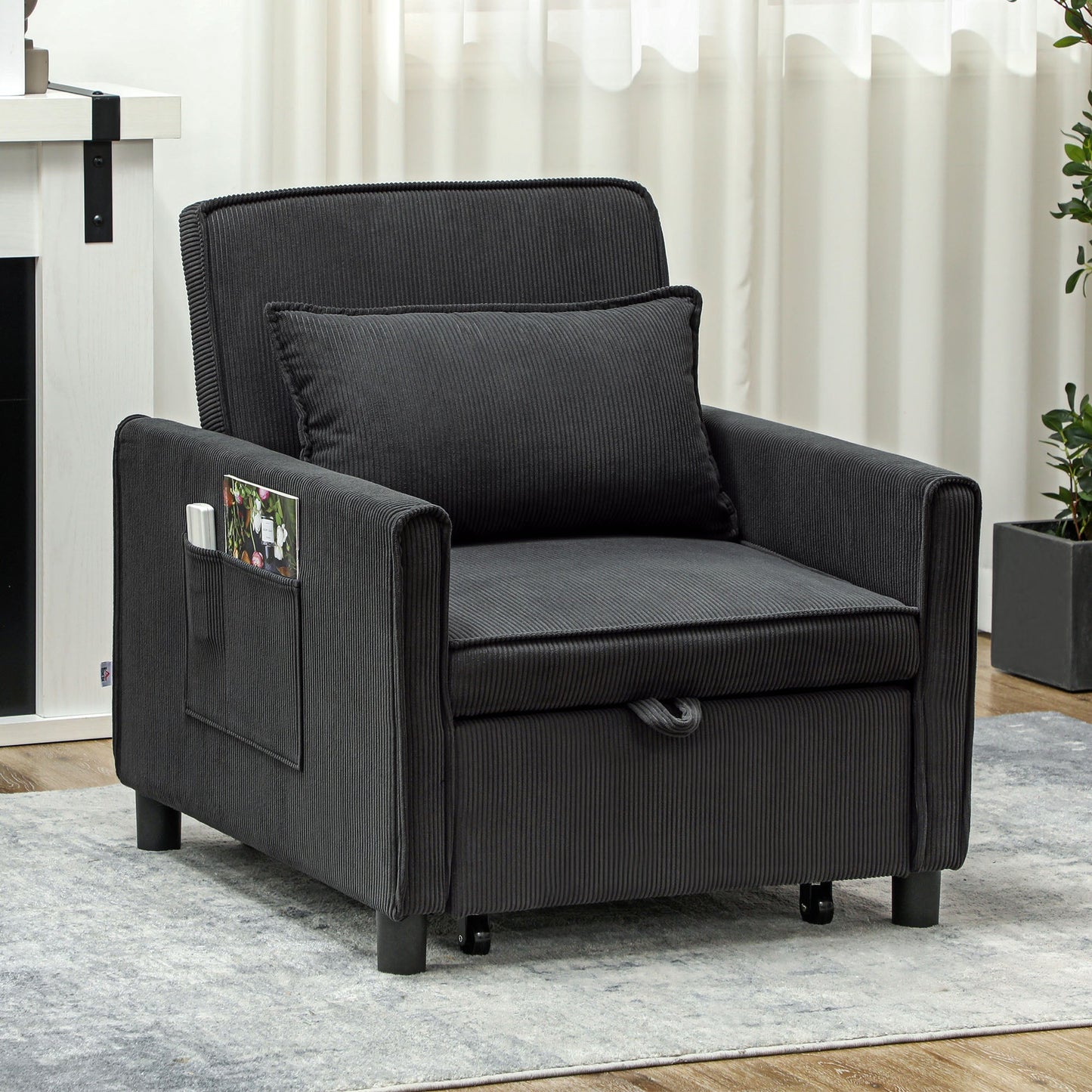 Reclining Armchair Bed with Side Pockets, in Velvet Effect Fabric, 74x84x81 cm, Dark Gray