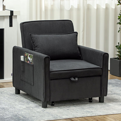 Reclining Armchair Bed with Side Pockets, in Velvet Effect Fabric, 74x84x81 cm, Dark Gray
