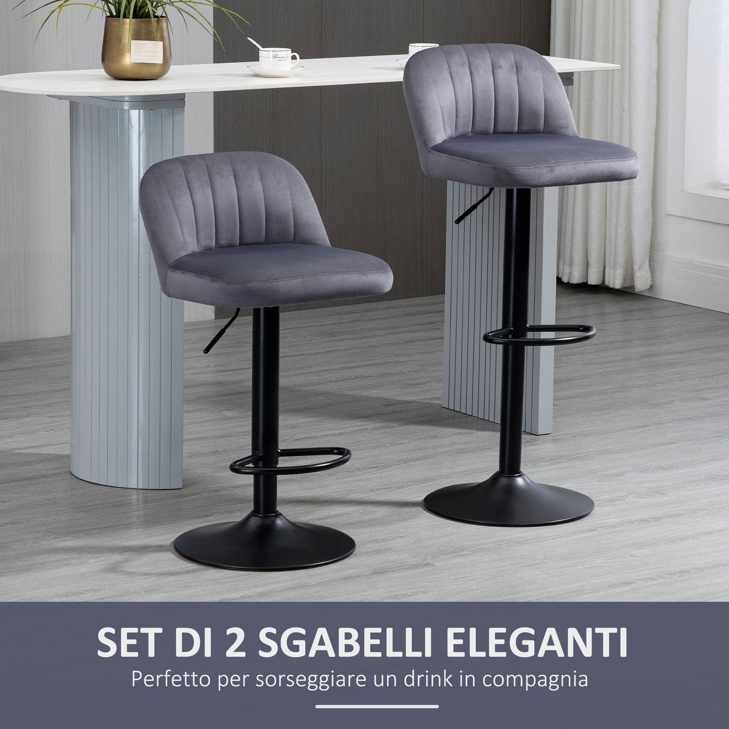 Set of 2 Bar Stools with Backrest and Footrest, Swivel with Adjustable Height, Grey