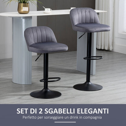 Set of 2 Bar Stools with Backrest and Footrest, Swivel with Adjustable Height, Grey