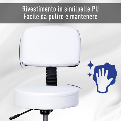 Swivel Stool with Backrest, Adjustable Height and 5 Wheels in White PU Leather for Home or Shop