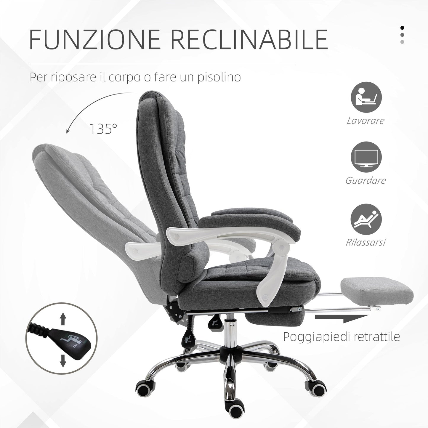 Reclining Office Chair with Retractable Footrest and High Back in Fabric, Grey