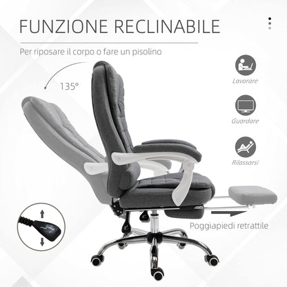 Reclining Office Chair with Retractable Footrest and High Back in Fabric, Grey
