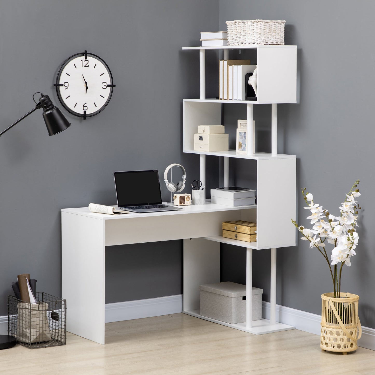 Modern Chipboard Corner Desk for Office and Study with 4-Tier Shelf, 120x80x176 cm, White
