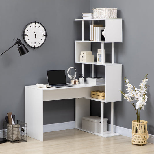 Modern Chipboard Corner Desk for Office and Study with 4-Tier Shelf, 120x80x176 cm, White
