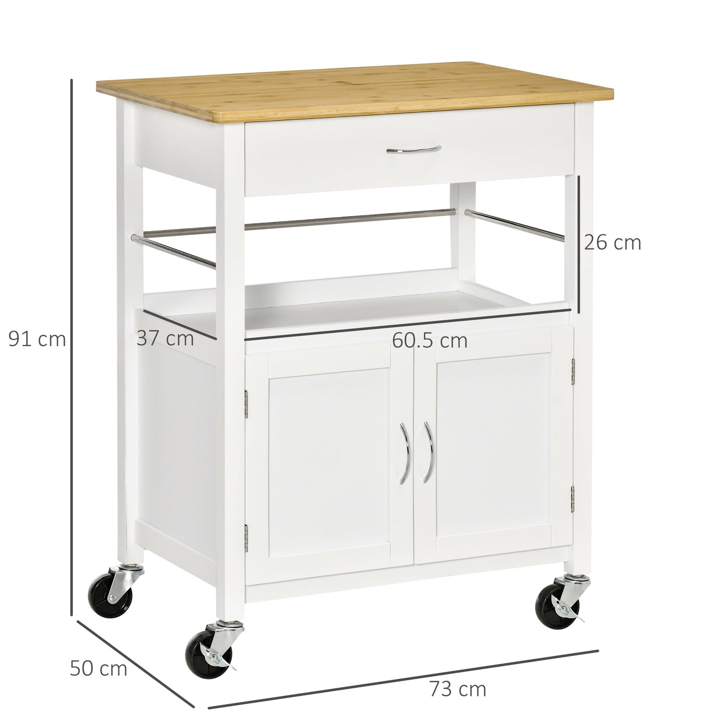 Kitchen Cart With Drawer of the locker and shelf, sparkle trolley with bamboo top and 4 wheels - White