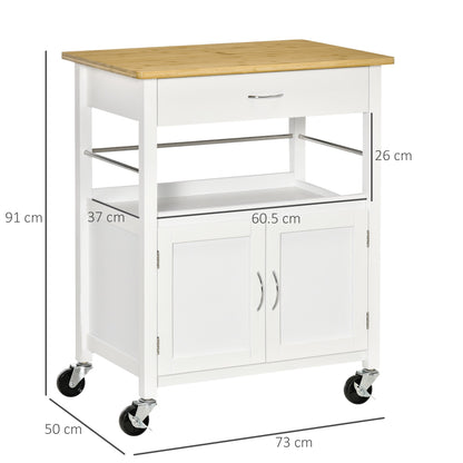 Kitchen Cart With Drawer of the locker and shelf, sparkle trolley with bamboo top and 4 wheels - White