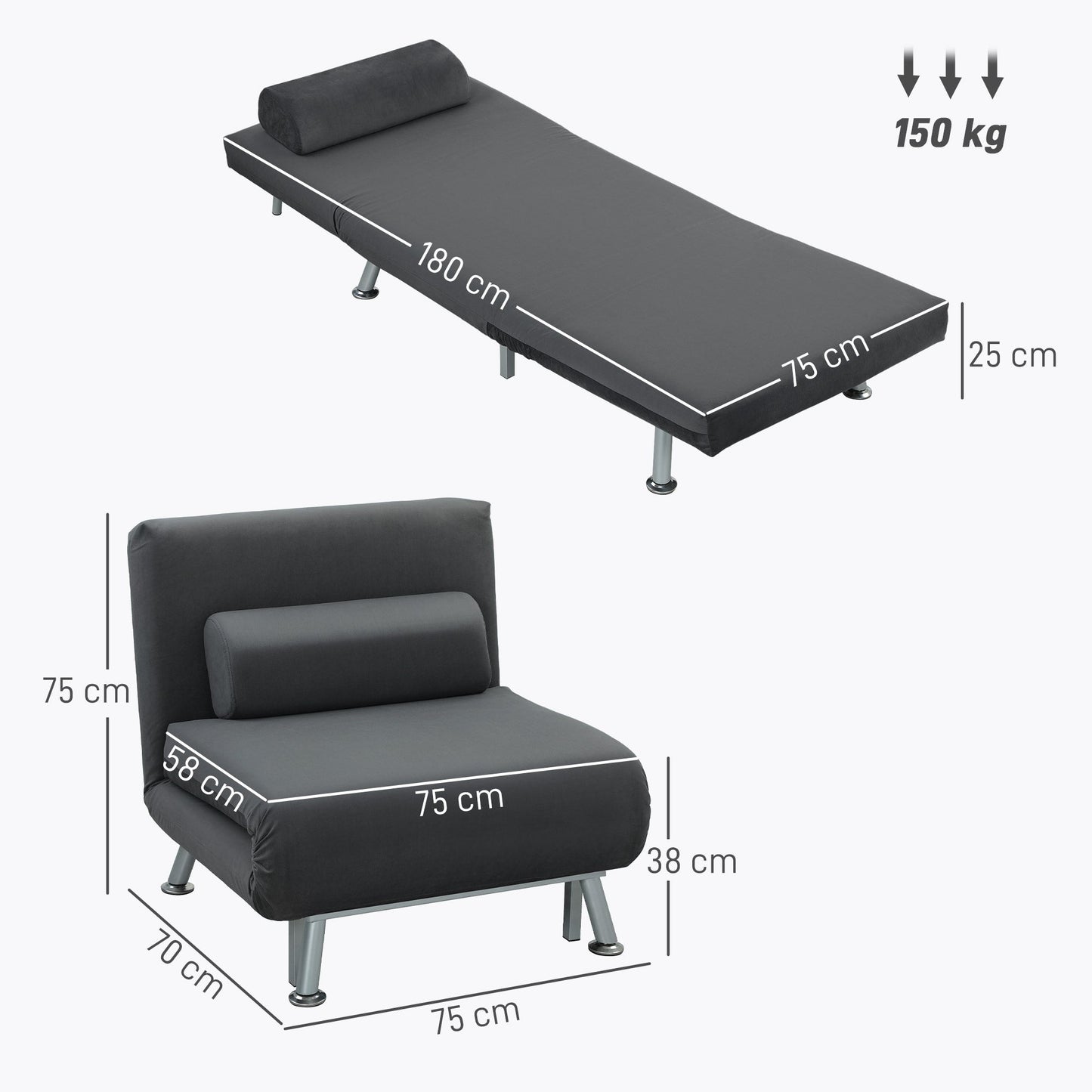 3-in-1 Sofa Bed with Adjustable Backrest and Linen-Effect Fabric Cushion, Dark Grey