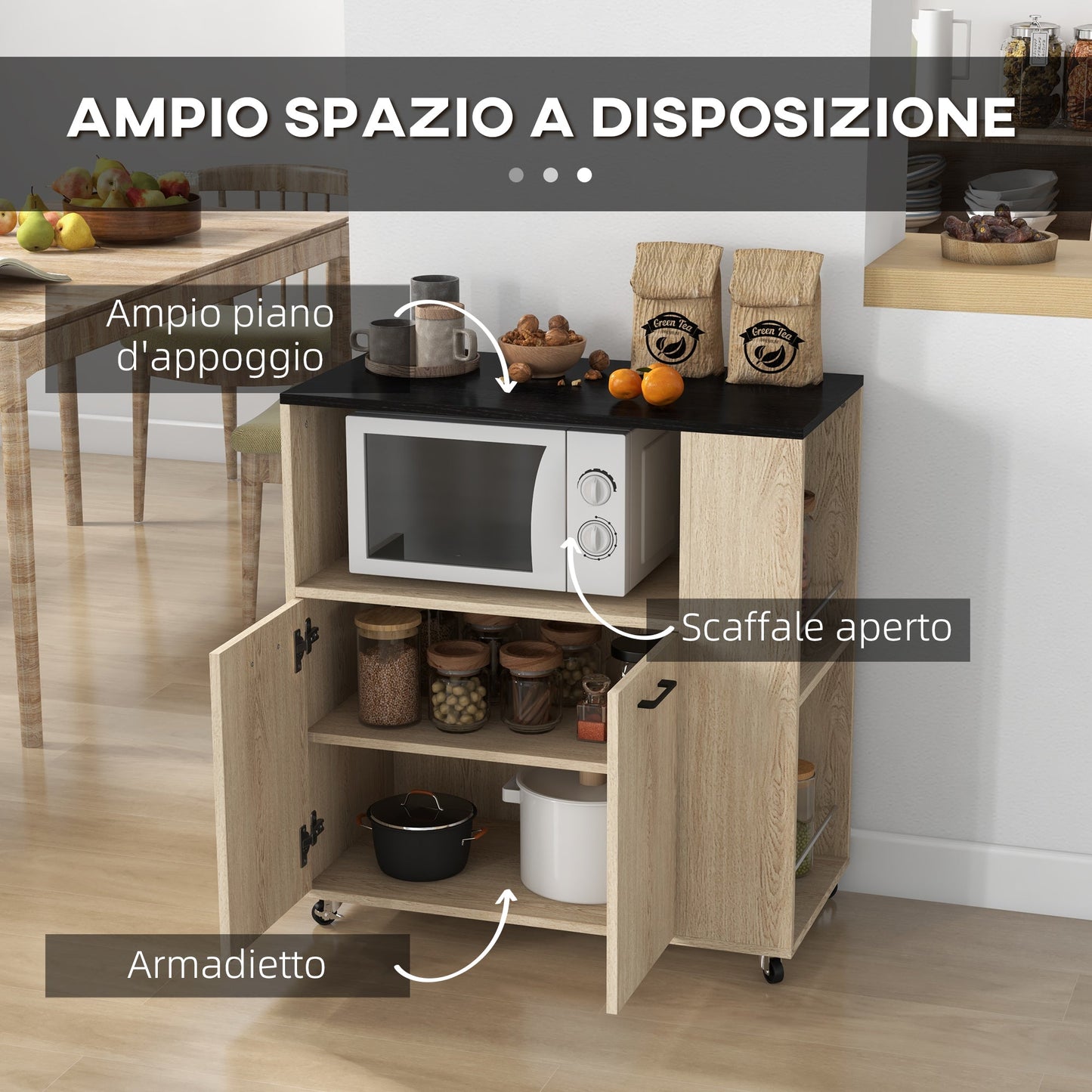 Kitchen Trolley with Open Shelf, 2-Door Cabinet and Side Shelf, 75x40x80.5 cm
