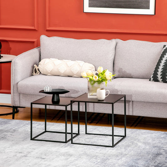 Set of 2 Square Stackable Coffee Tables for Living Room, Steel, Black