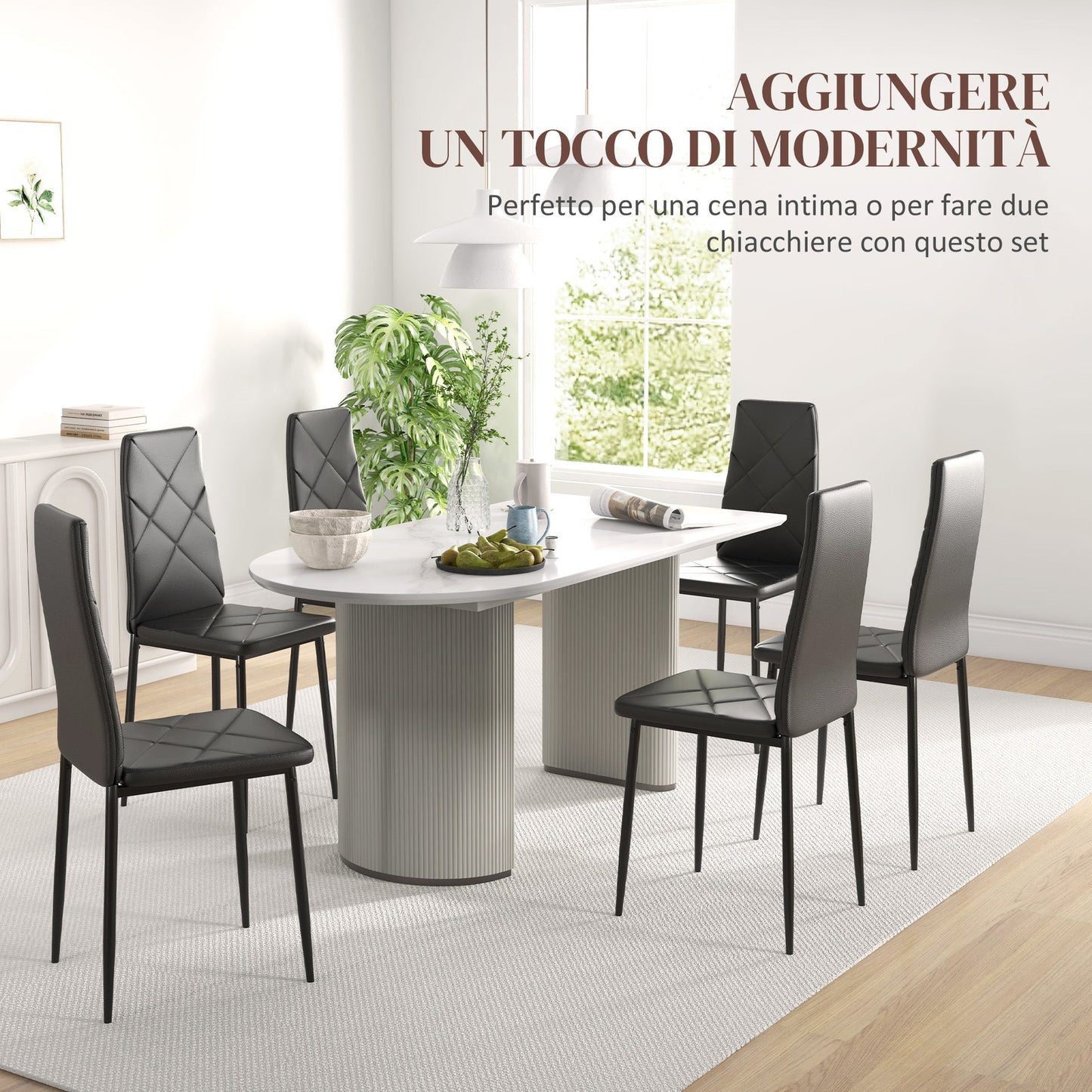 Set of 6 Modern Dining Chairs with High Back in Faux Leather and Steel, 41x50x97 cm, Black
