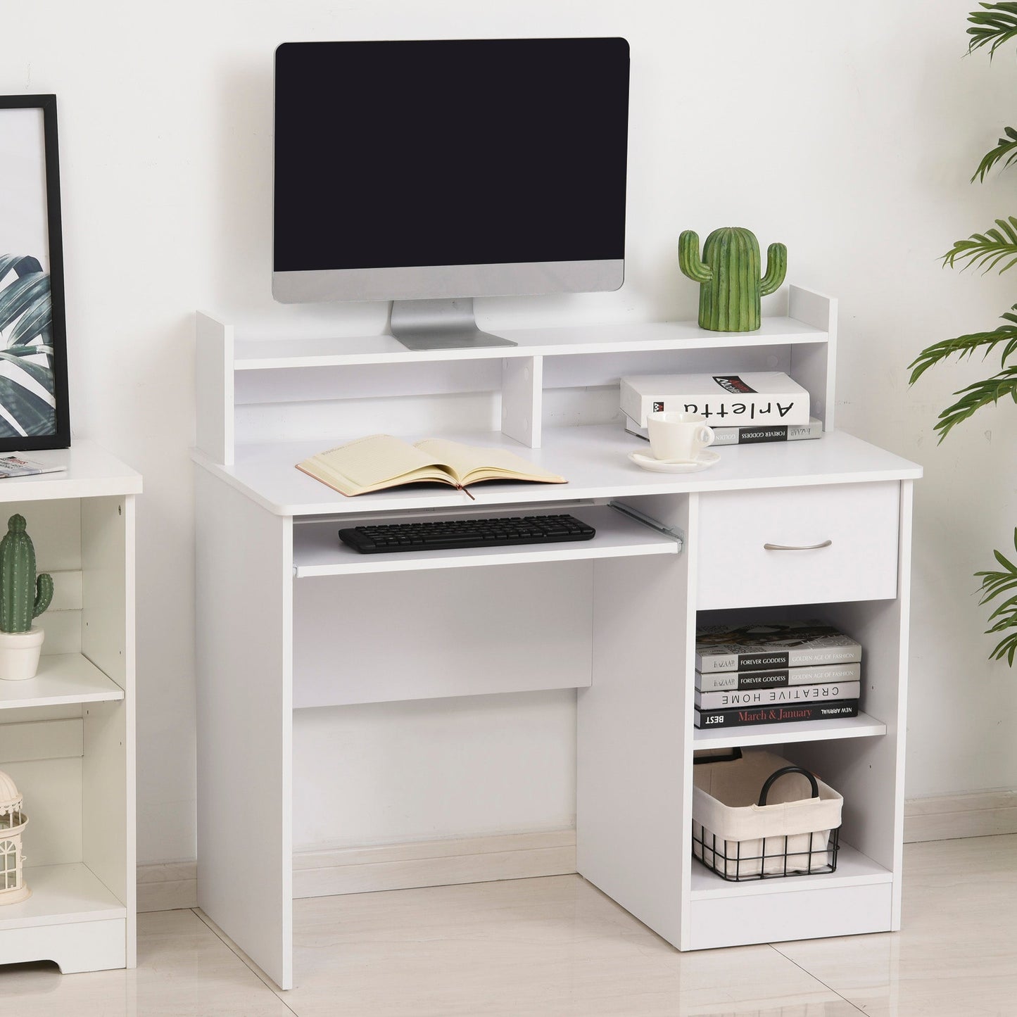 compact desk for white wooden computers with removable keyboard shelf and shelves 104 x 48 x 95.5cm