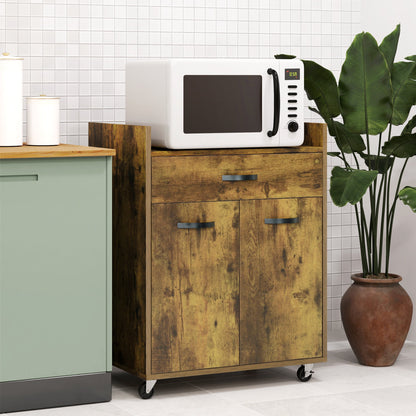 Kitchen Trolley with Drawer, Cabinet and 4 Wooden Wheels, 60x40x77cm, Rustic Brown