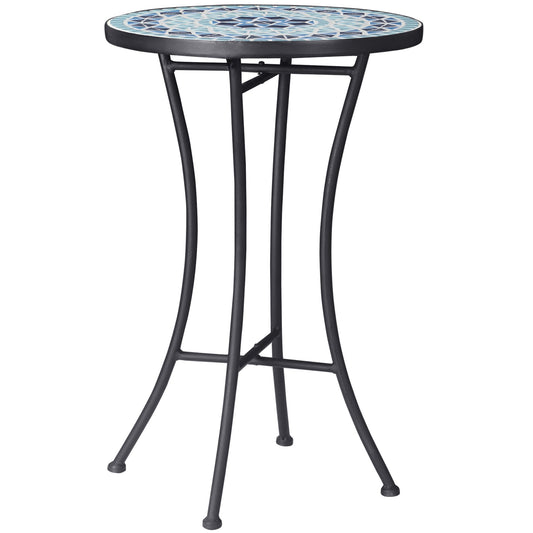 Round Metal Garden Coffee Table with Ceramic Top, Mosaic Design, Ф35.5x53.5cm, Blue