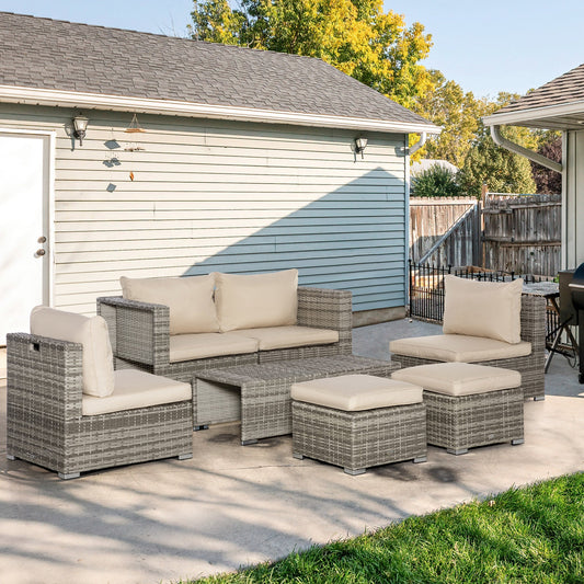 8-Piece PE Rattan Garden Lounge Set with Armchairs, Coffee Tables and Stools, Beige