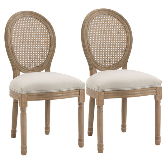 Set of 2 Vintage Style Living Room Chairs with Perforated Backrest, in Wood and Fabric, 49x56x96cm, Cream White