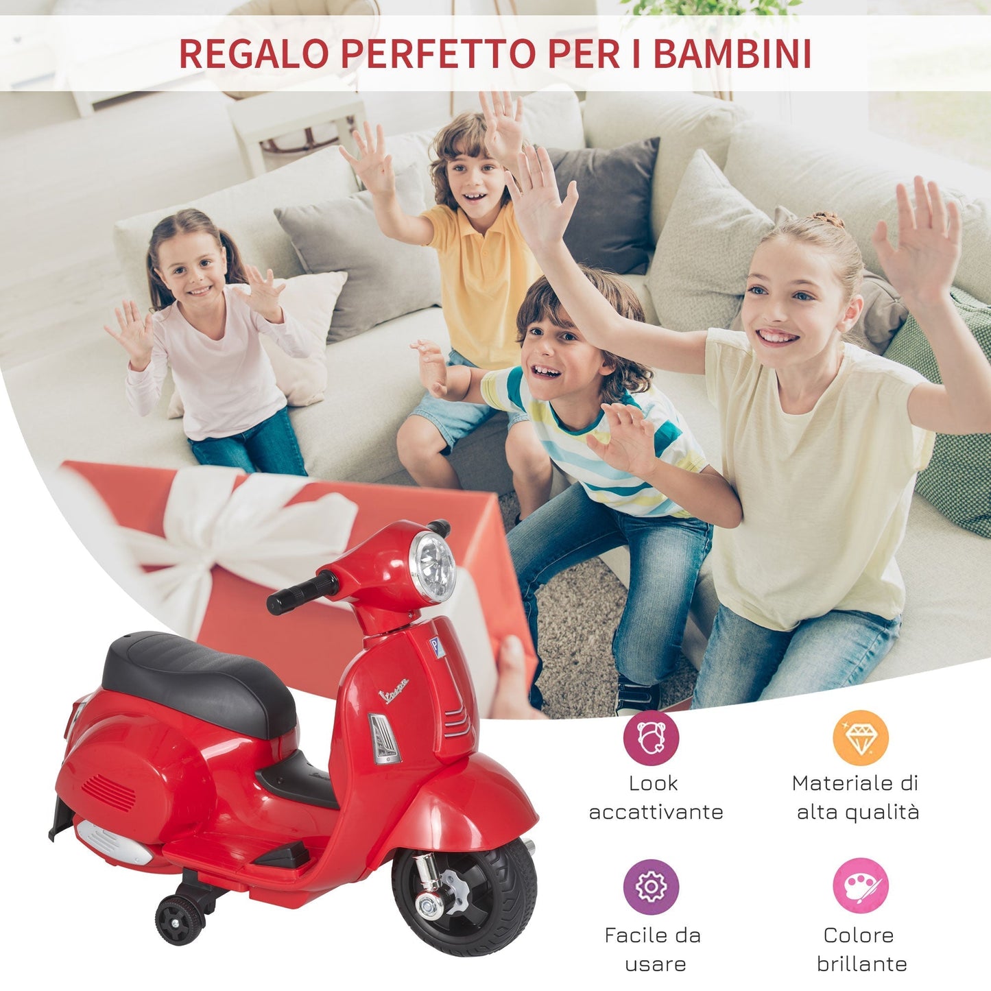 Officially Licensed Kids' Electric Scooter, 6V Battery, Headlights and Horn, for Children 18-36 Months, Red, 66.5x38x52cm