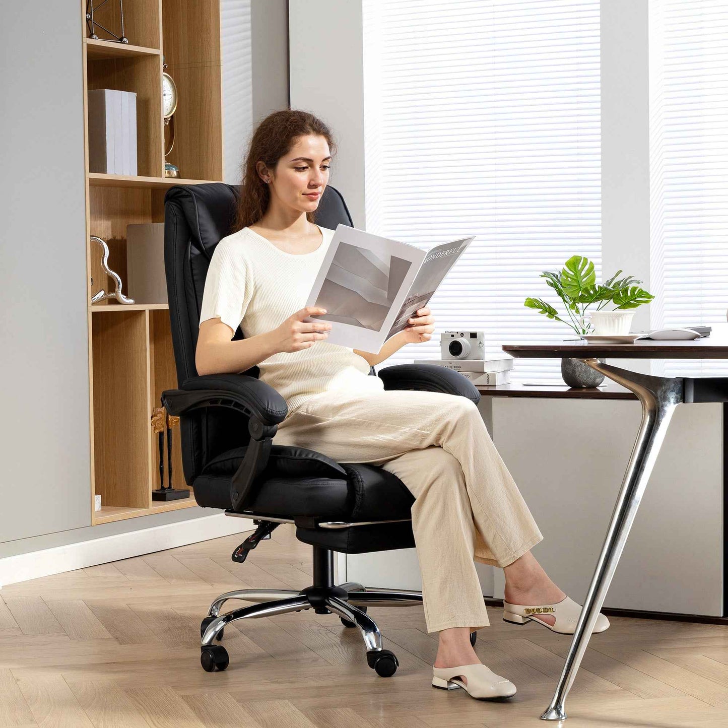 155° Reclining Office Chair with Footrest, Double Padding and Faux Leather Upholstery, Black