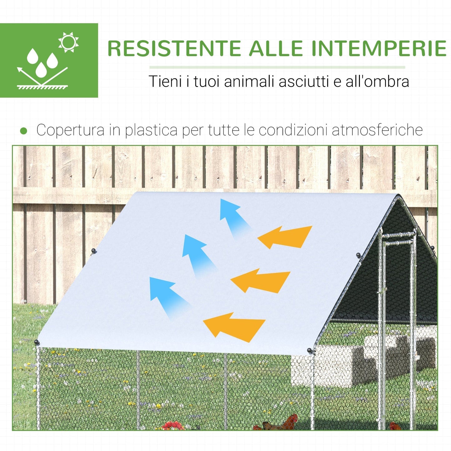 Garden chicken coop with galvanized frame, waterproof coverage and hexagonal network, 3x2x2m, silver