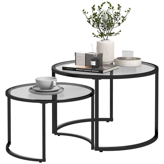 Set of 2 Nesting Glass and Steel Coffee Tables, Ø70 x 47.5 cm and Ø54 x 42.5 cm, Black