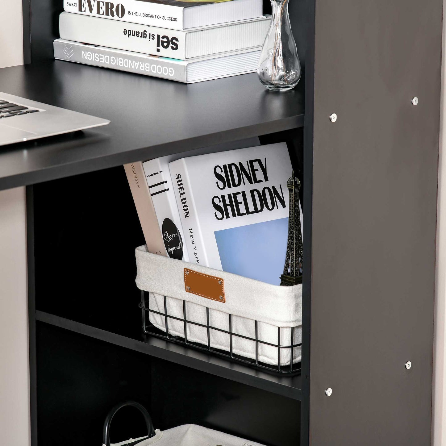 Wooden PC Desk with 6 Side Storage Shelves, 120x55x120 cm, Black