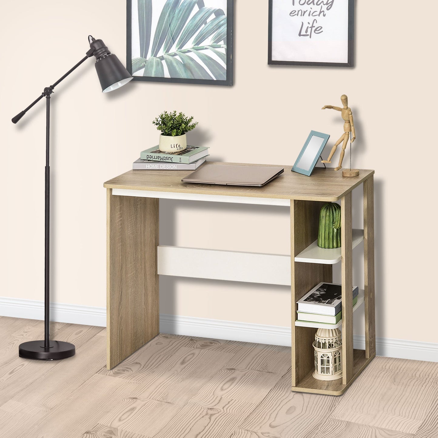 Modern Wooden Desk with 3-Tier Bookshelf, 100x44x74cm, White and Oak