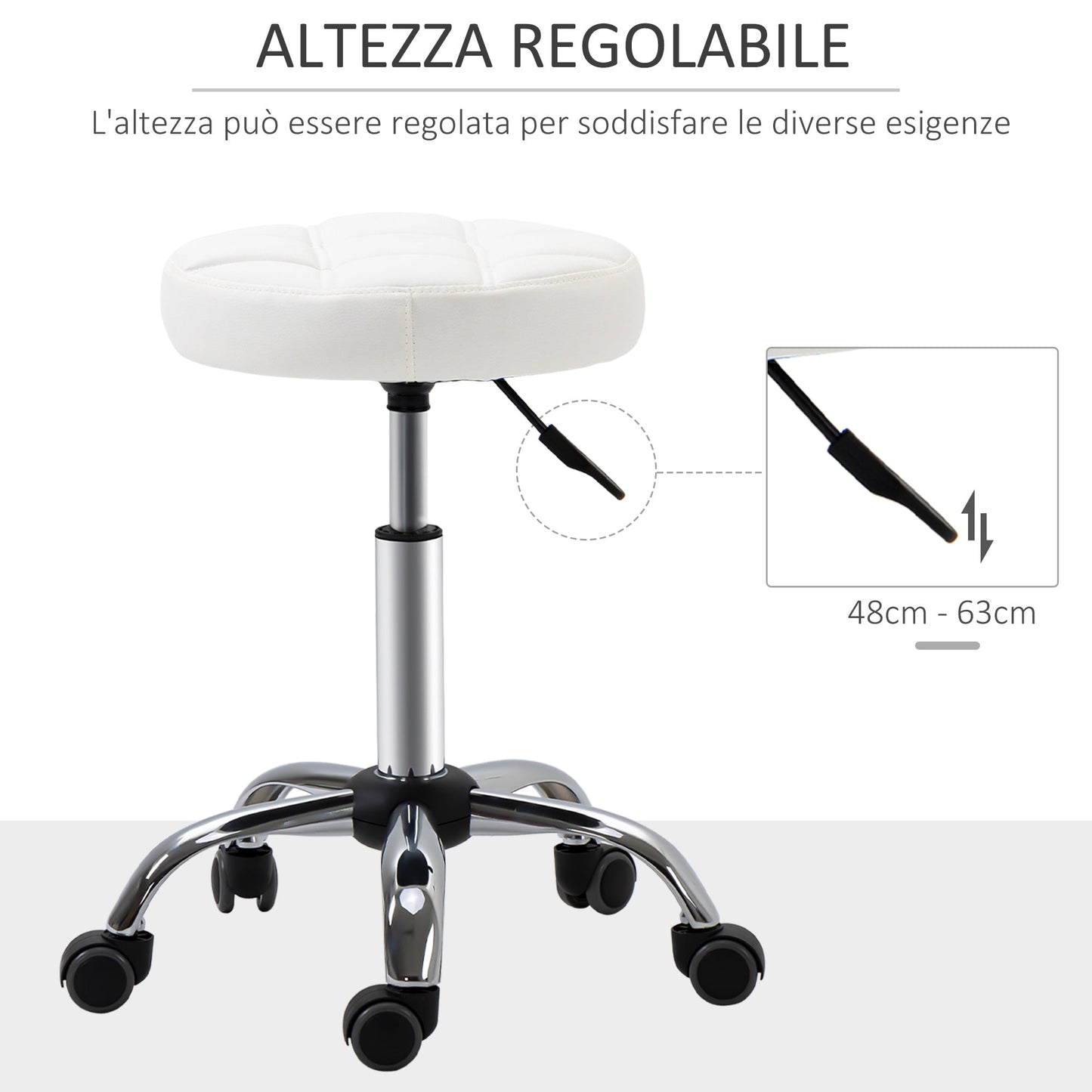 White Beauty | Tattoo Round Swivel Stool with Wheels, Adjustable Height and Eco Leather Cover, Black