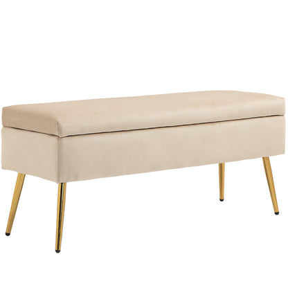 Ottoman Upholstered Bed Bench with Tapered Legs, in Velvet Effect Fabric, 102x35x43 cm, Beige