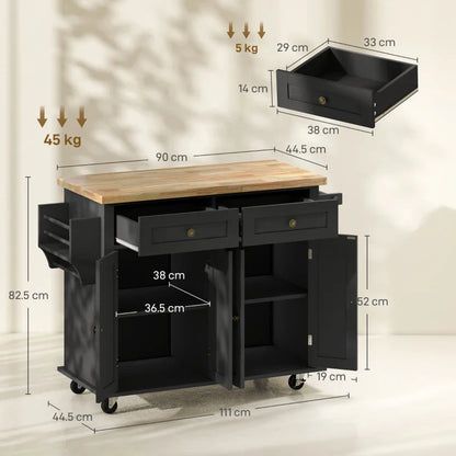 Kitchen Trolley with Drawers, Cabinets and Spice Rack, Made of Wood and MDF, 111x44.5x82.5 cm, Black