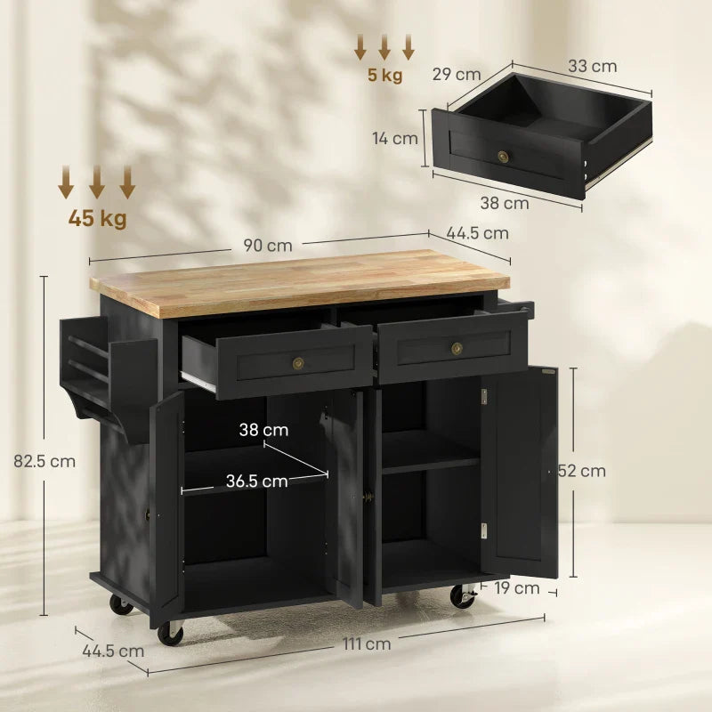 Kitchen Trolley with Drawers, Cabinets and Spice Rack, Made of Wood and MDF, 111x44.5x82.5 cm, Black