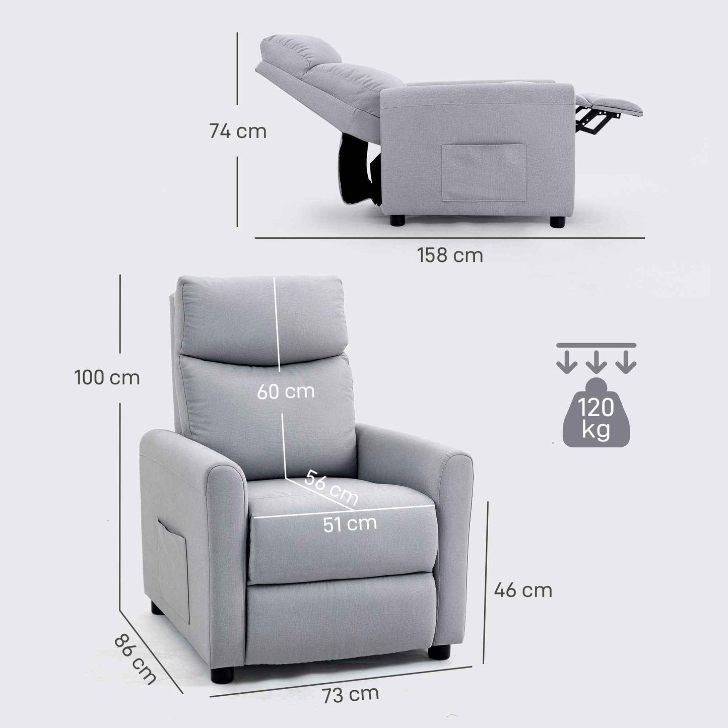 Reclining Chair 135° max in Linen Effect Fabric, Foam, Steel and Wood, 73x86x100 cm, Light