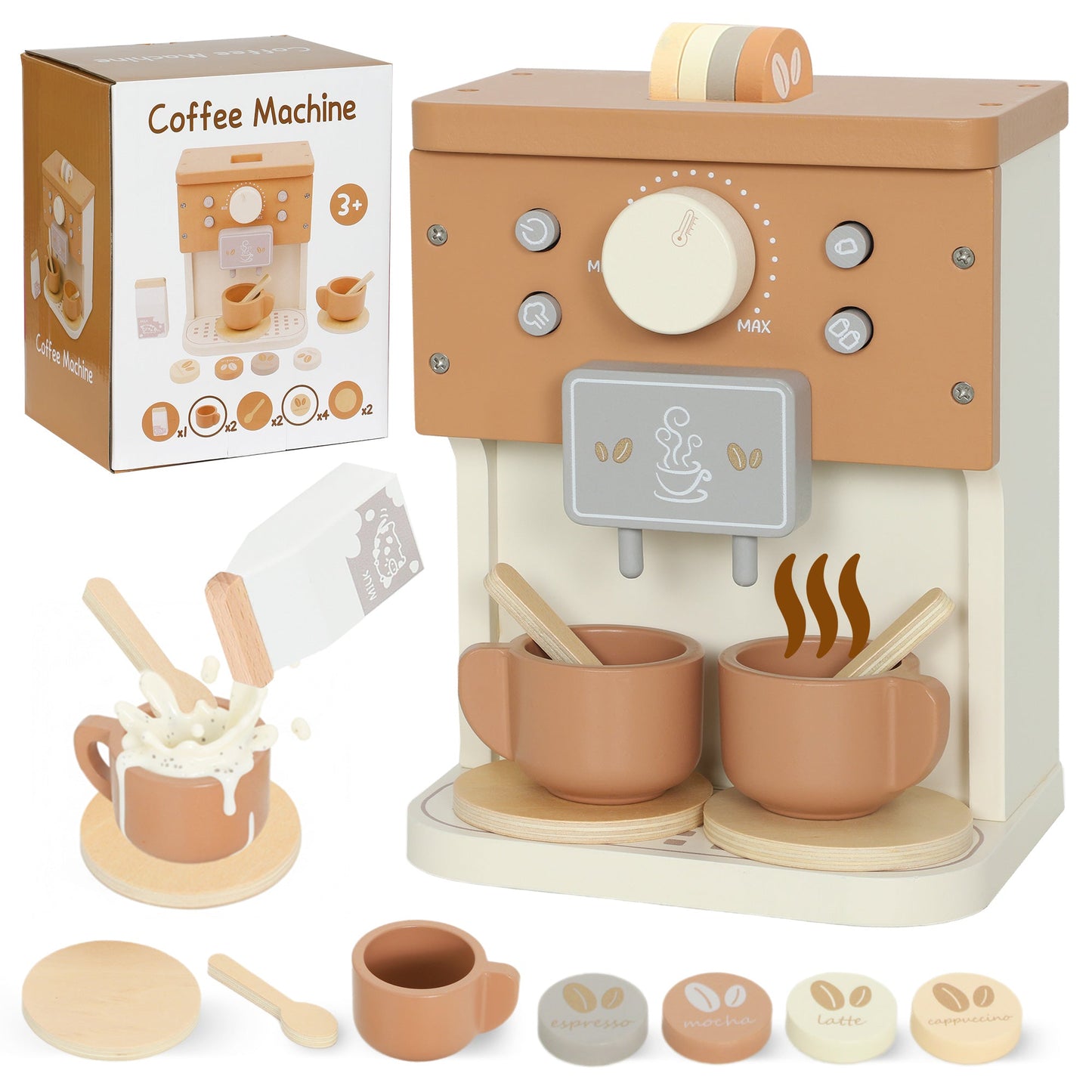 Wooden Toy Coffee Machine Set for Children from 3 Years Old with Accessories, Brown