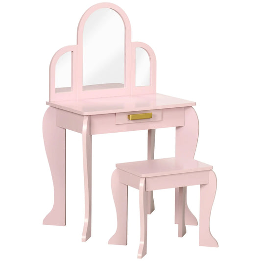 Girls’ Makeup Table with Stool & Acrylic Mirror – Pink, Drawers Included