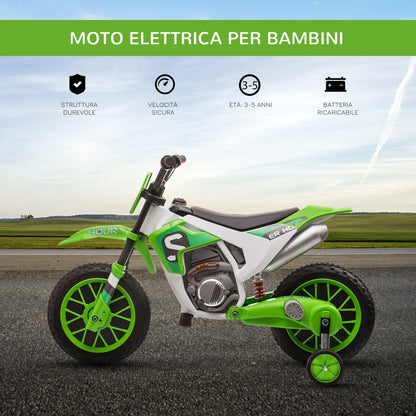 electric cross motorcycle for children for 3-5 years, rechargeable 12V battery and removable wheel, 106.5x51.5x68cm, green