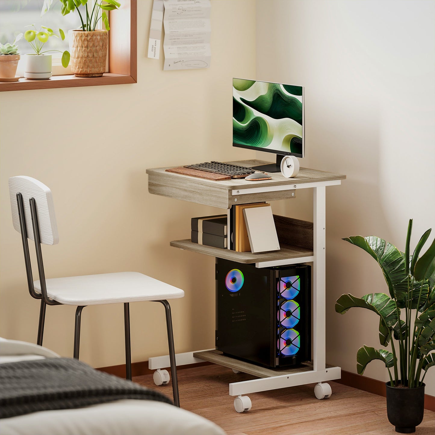 PC Desk with Sliding Drawer, 2 Shelves and 4 Wheels, in Wood and Metal, 56x51x79 cm, White and Oak