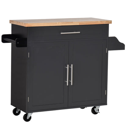 Kitchen Trolley with drawer, door holders and locker, 4 wheels and wooden work surface, 109x40x89cm - Black