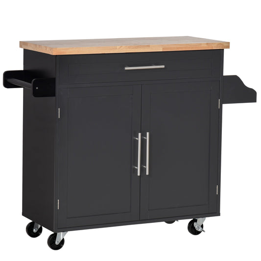 Kitchen Trolley with drawer, door holders and locker, 4 wheels and wooden work surface, 109x40x89cm - Black